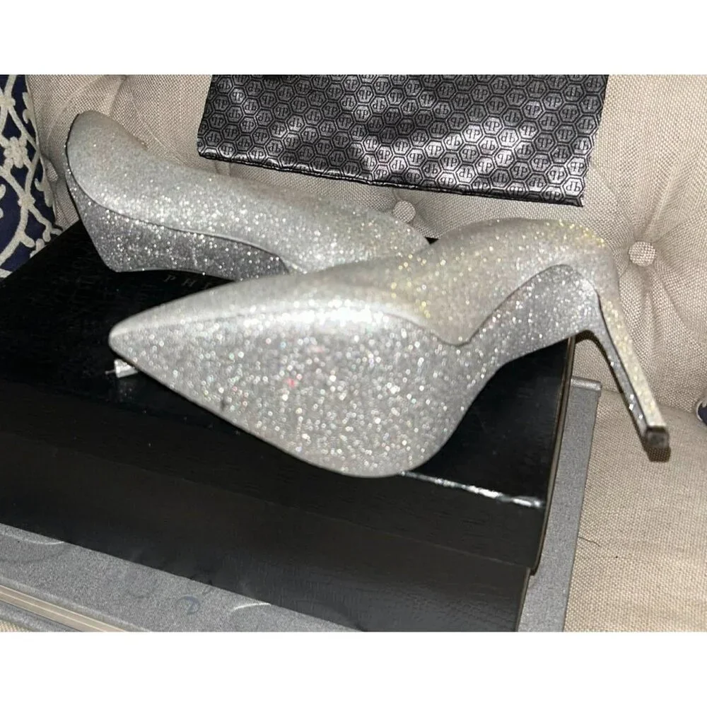 NIB $880 Philipp Plein 120mm Glitter Decollete Pumps Silver Size 9